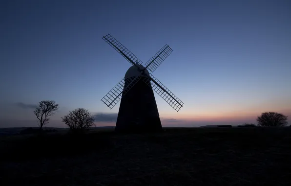 The sky, clouds, trees, sunset, Field, the evening, mill, twilight