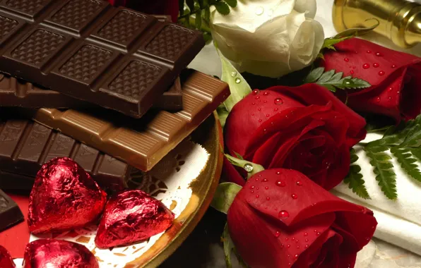 Picture roses, Chocolate, water drops, tray