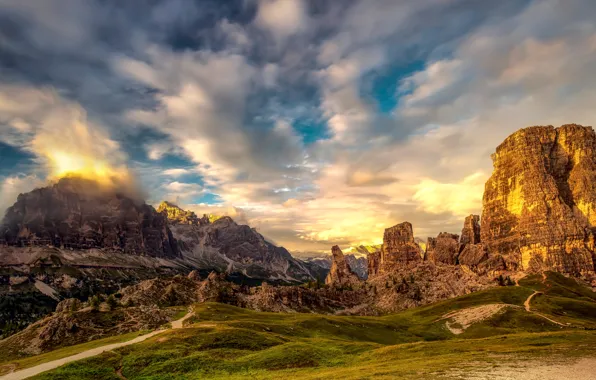 Picture road, the sky, clouds, light, mountains, stones, rocks, hills