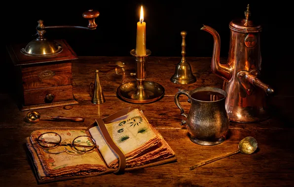 Picture coffee, candles, glasses, mug, book, bell, coffee grinder, coffee pot