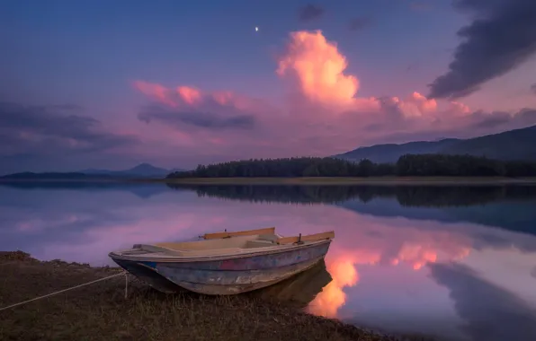 Forest, the sky, clouds, sunset, mountains, lake, reflection, hills