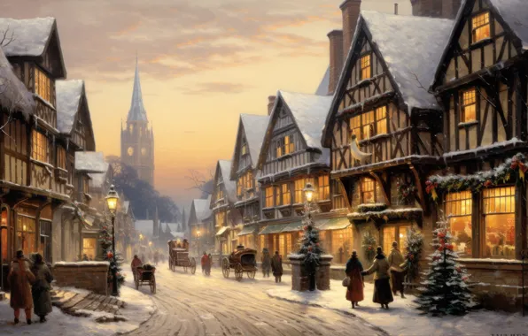 Winter, snow, the city, house, building, home, Christmas, New year