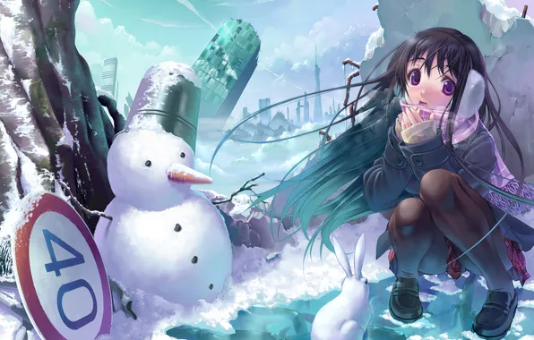 Winter, snow, the city, sign, anime, girl, snowman, ruins