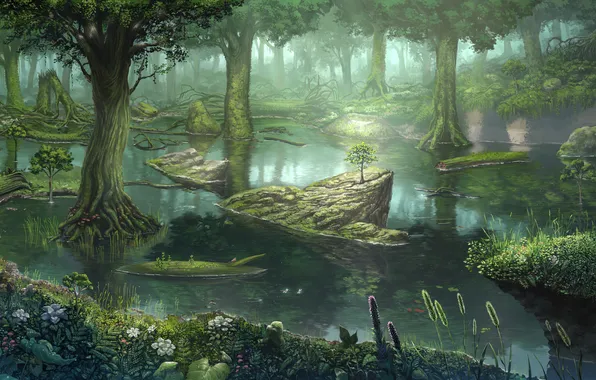 Picture forest, water, landscape, pond, swamp, art