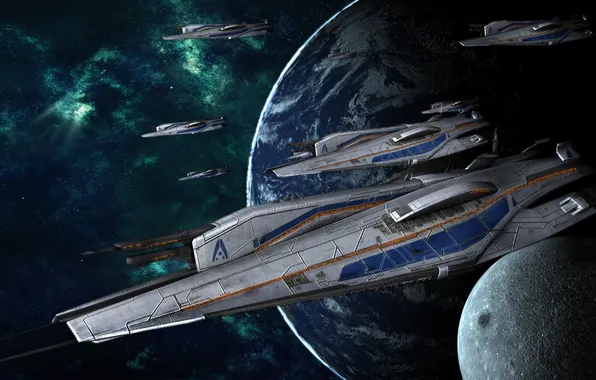 Space, earth, the moon, mass effect 3, Alliance, warships
