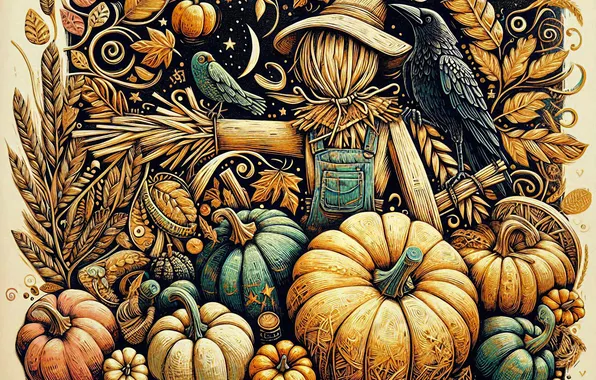 Autumn, birds, night, pattern, styling, hat, garden, harvest