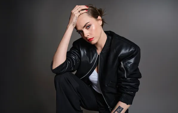 Pose, background, model, portrait, actress, tattoo, jacket, photoshoot