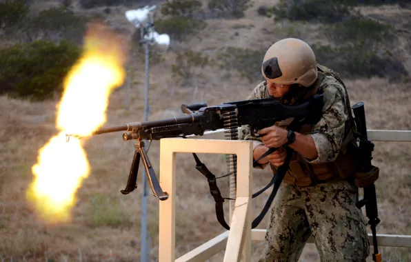 Fire, blur, soldiers, shooting, equipment, polygon, shooting, conveyor machine gun M240B