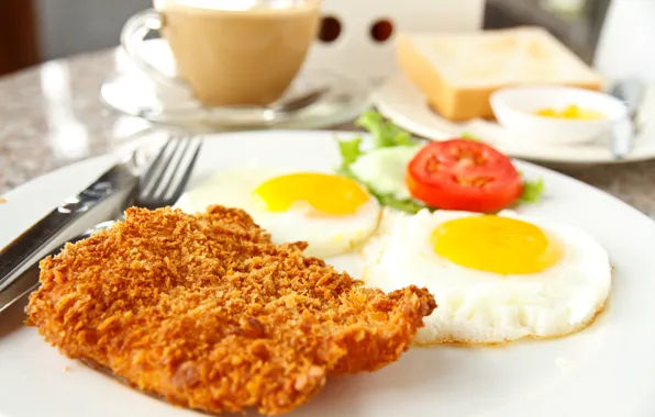 Coffee, eggs, meat, tomato, coffee, meat, tomato, scrambled eggs