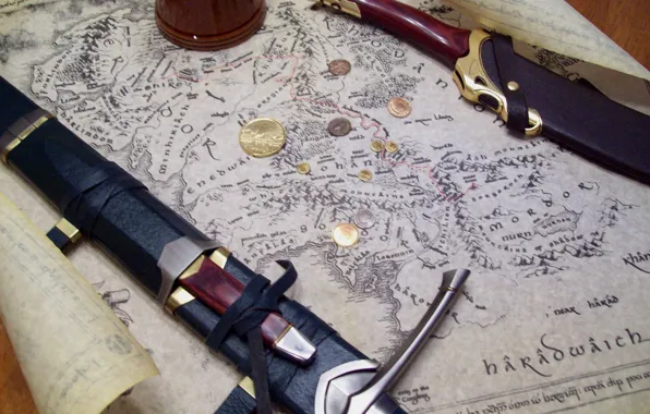 Map, dagger, sword, The Lord Of The Rings, coins, John. R. R. Tolkien, The Lord …