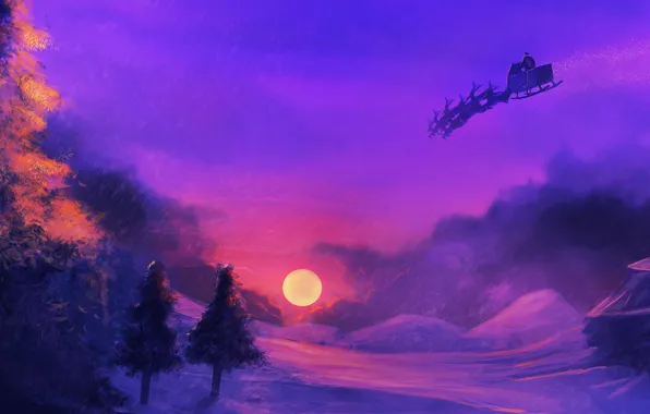 Picture the sky, the sun, snow, tree, Sunset, sleigh, Santa