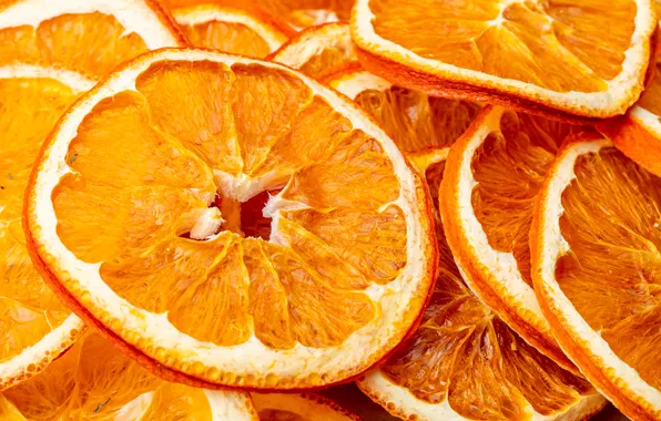 Macro, oranges, slices, dried