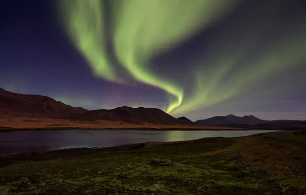 Stars, Mountains, River, Aurora Borealis