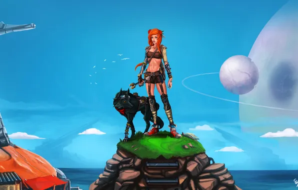 Girl, planet, dog, art, red, wrench