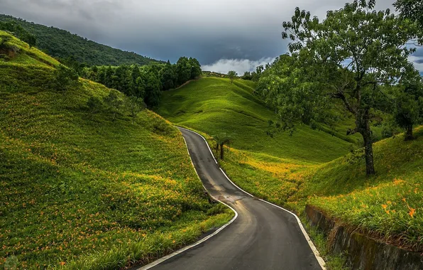 Road, table, Wallpaper, the desktop, among, hills, car