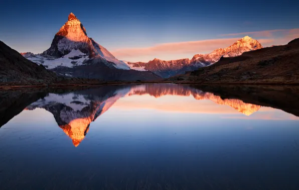 The sky, sunset, mountains, lake, reflection
