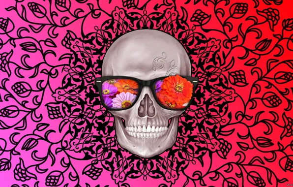 Flowers, abstraction, pattern, Skull, glasses, interesting, rayban