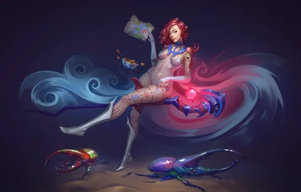 Girl, magic, map, cookies, staff, bowl