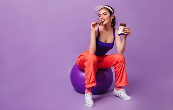 Picture girl, smile, sweetheart, the ball, chocolate, sneakers, cap, cute