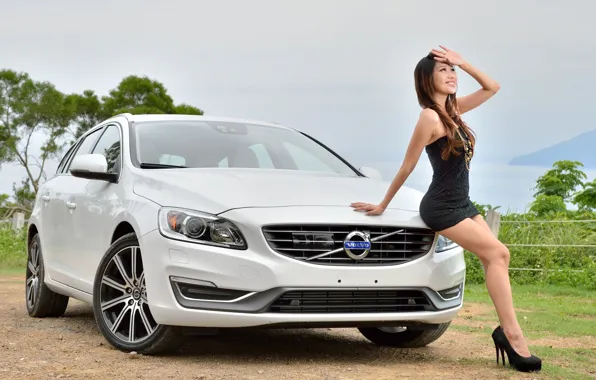 Picture look, smile, Girls, Asian, beautiful girl, white car, VOLVO, beautiful dress