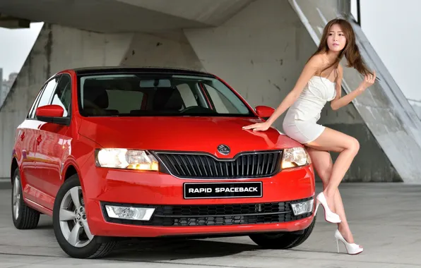 Look, Girls, Asian, beautiful girl, Skoda, red car, posing on the car