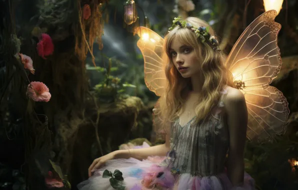 Picture Flowers, Girl, Trees, Forest, Blonde, Wings, Fairy, Digital art