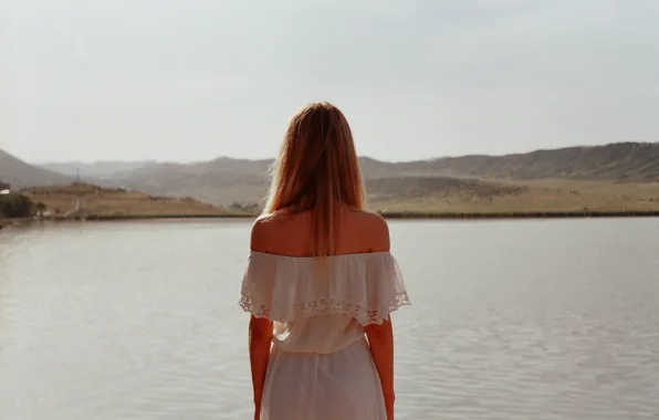 Girl, dress, lake, hair