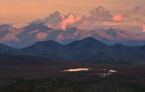 Picture autumn, forest, the sky, clouds, mountains, hills, height, haze