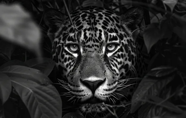 Grass, look, face, leaves, predator, Jaguar, black and white, big cat