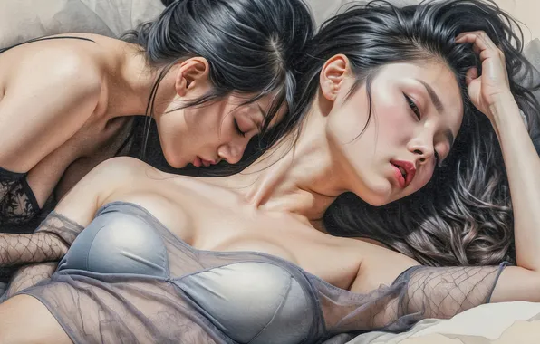Chest, look, girl, face, pose, girls, portrait, two girls