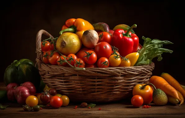 Greens, table, harvest, bow, pepper, black background, basket, vegetables