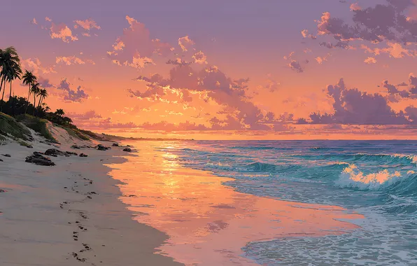 Sand, sea, wave, beach, summer, the sky, the sun, clouds
