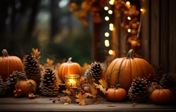 Autumn, leaves, lights, house, candle, window, pumpkin, Halloween