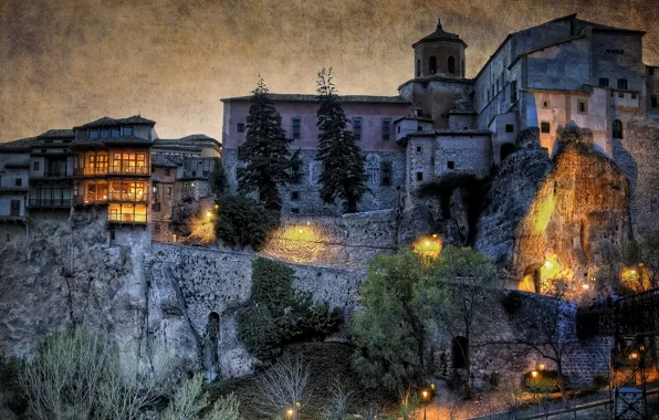 Night, lights, castle, wall, HDR, home, lights, Spain