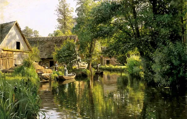 Home, Trees, People, Boats, Picture, River, Peder Mork Monsted, Danish painter