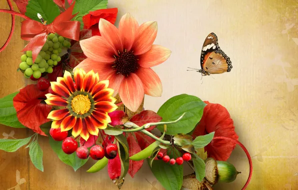 Picture flowers, nature, berries, collage, butterfly, acorn