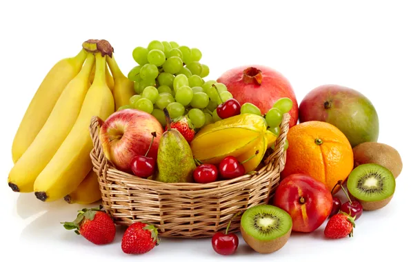 Picture cherry, berries, basket, apples, orange, kiwi, strawberry, grapes