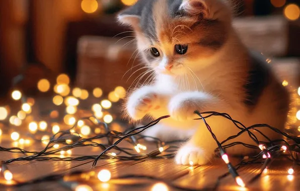 Cat, look, lights, pose, kitty, the game, Christmas, New year