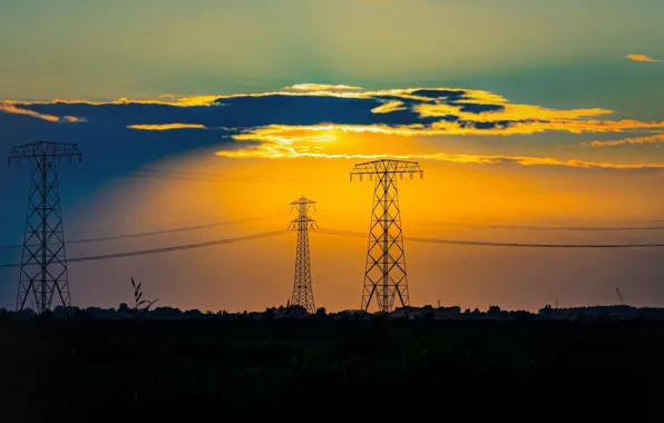 Clouds, sunset, Power lines, glow