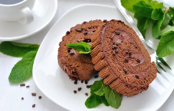 Coffee, Cup, mint, cream, chocolate, roll