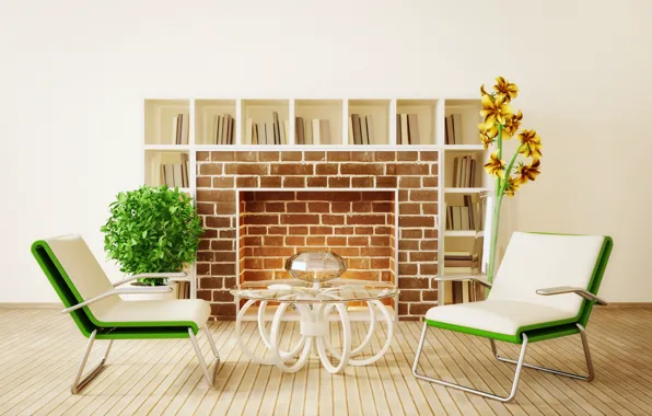 Flowers, design, chairs, fireplace, table, living room, modern
