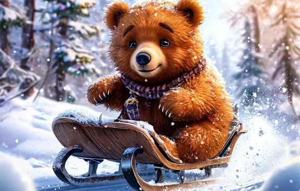 Winter, Snow, Bear, Bear, New year, Snowfall, Sleigh, The snow
