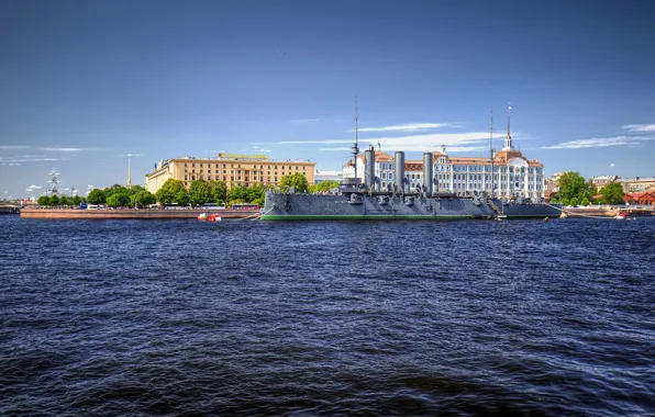 Picture the sky, the sun, river, ship, home, Saint Petersburg, Aurora, Russia