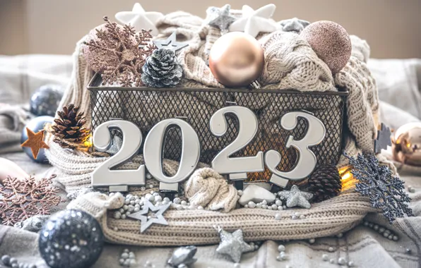 Balls, snowflakes, silver, scarf, figures, white background, New year, basket