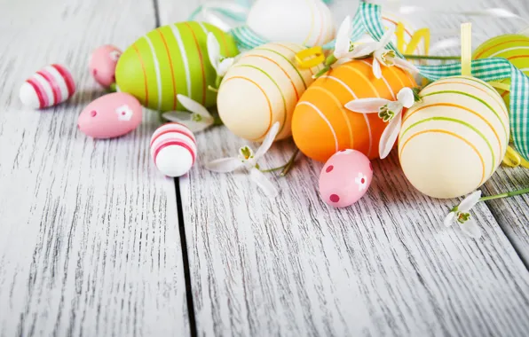 Flowers, eggs, spring, colorful, Easter, happy, wood, blossom