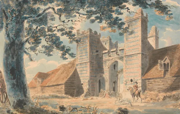 Landscape, the city, tree, picture, gate, watercolor, rider, William Turner