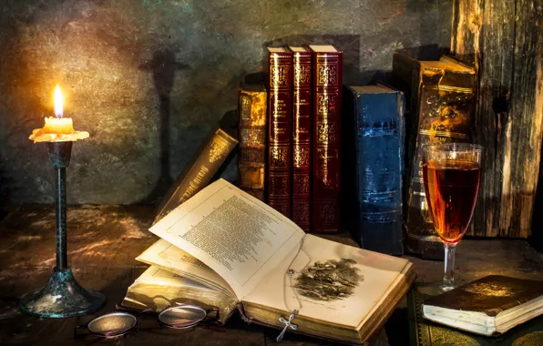 Wine, books, candle, cross, glass, A flicker of hope