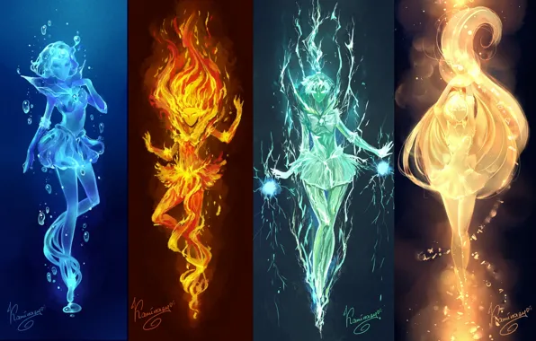 Water, light, girls, fire, elements, anime, art, electricity