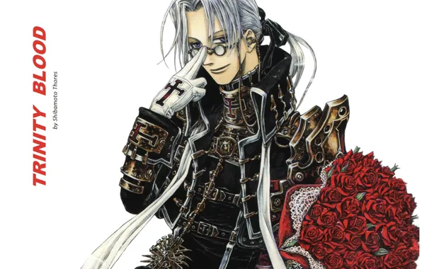 Cross, bouquet, gloves, trinity blood, military uniform, Abel Nightroad, Trinity blood, red roses