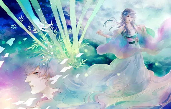 Girl, clouds, figure, bamboo, art, guy, sanrindou